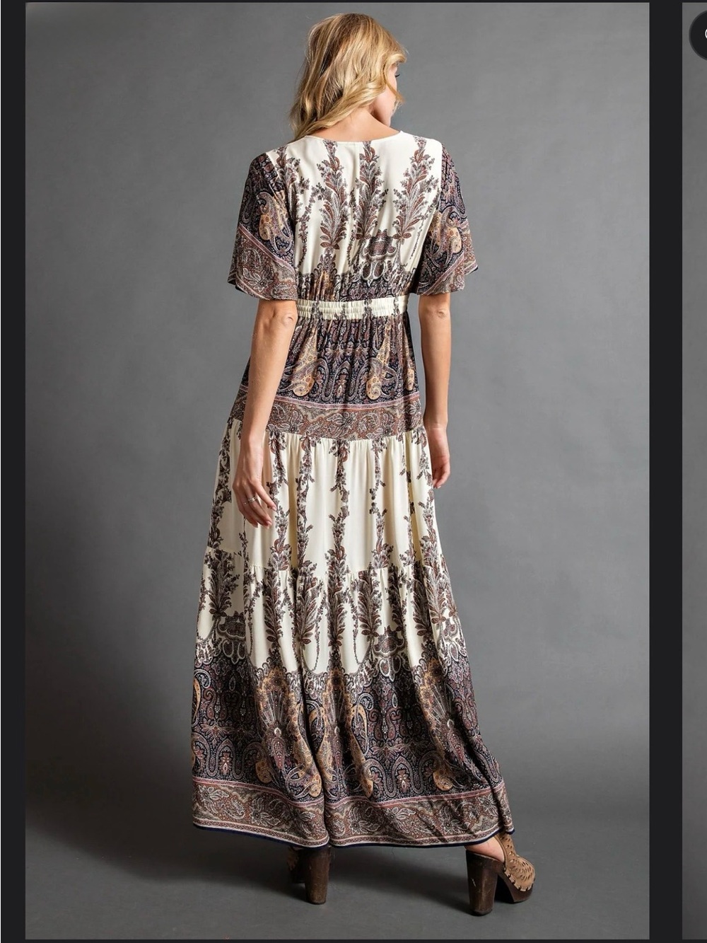 Easel Boho Mixed Paisley Print Tassel Tie Waist Flutter Sleeve Maxi Dress• Small - Picture 2 of 6
